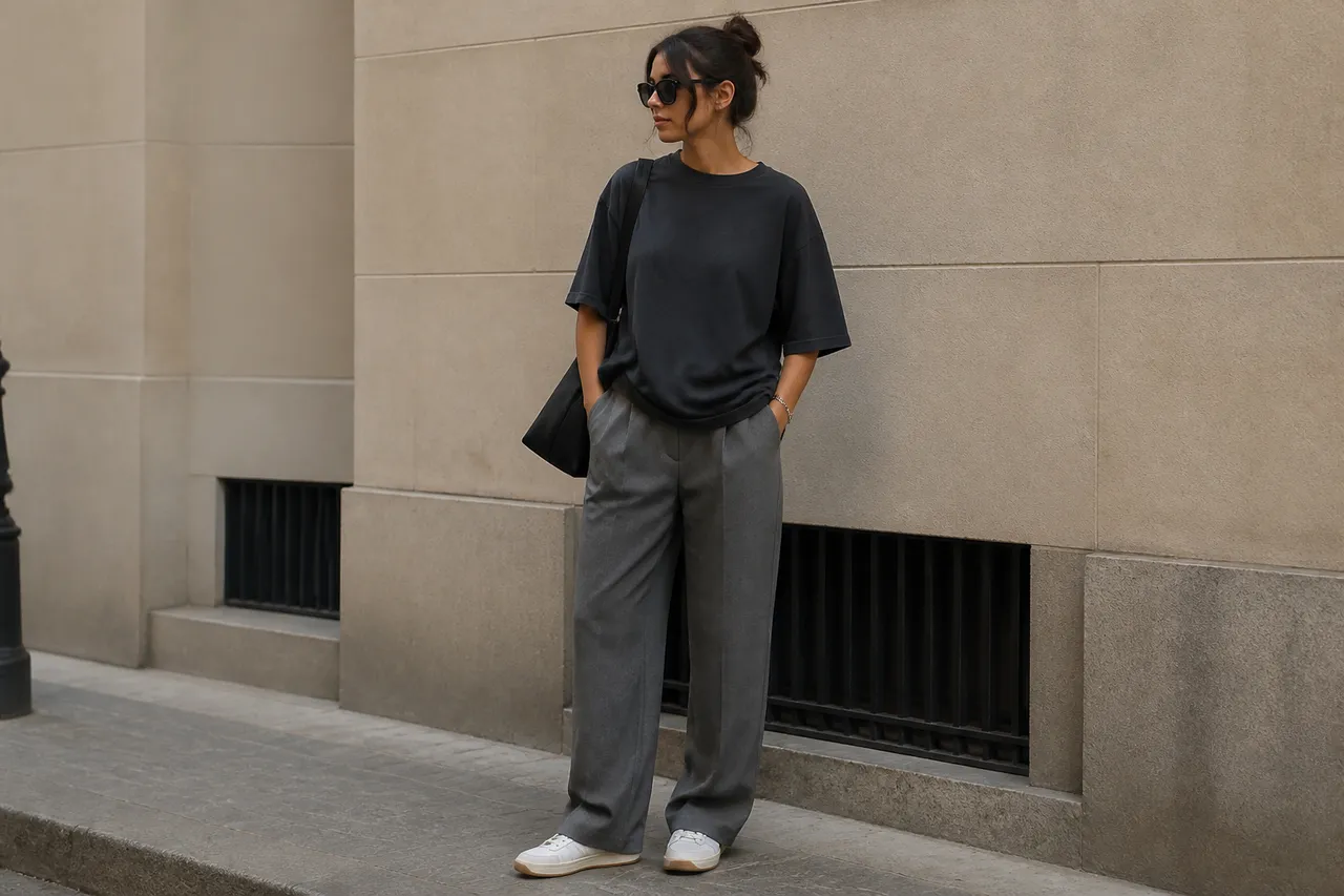 combinații cu tricou oversize pantaloni drepți și outfit feminin