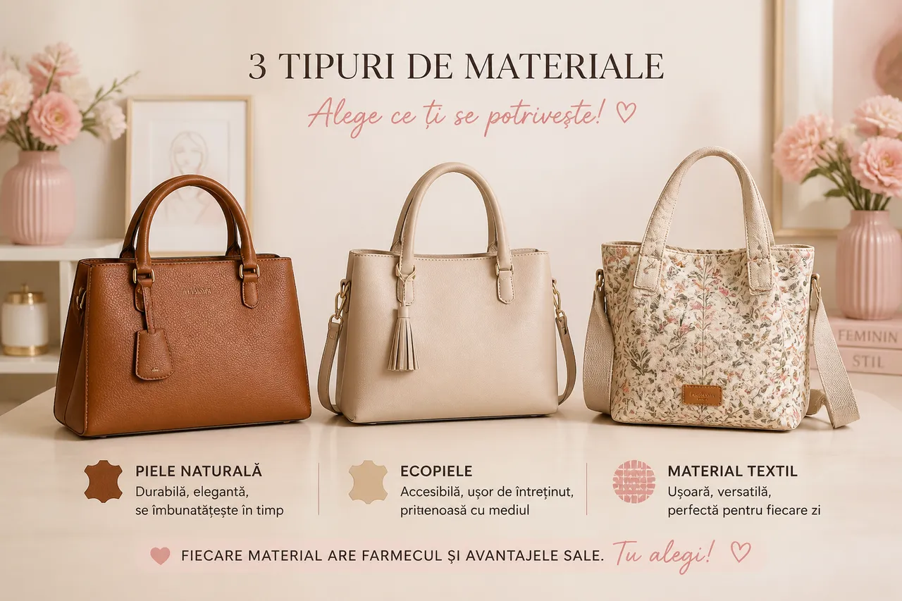 comparație genți din piele naturală ecopiele și material textil