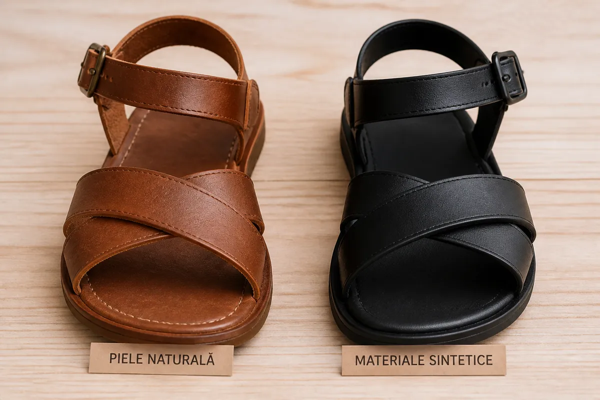 comparație materiale sandale vară piele naturală versus sintetic