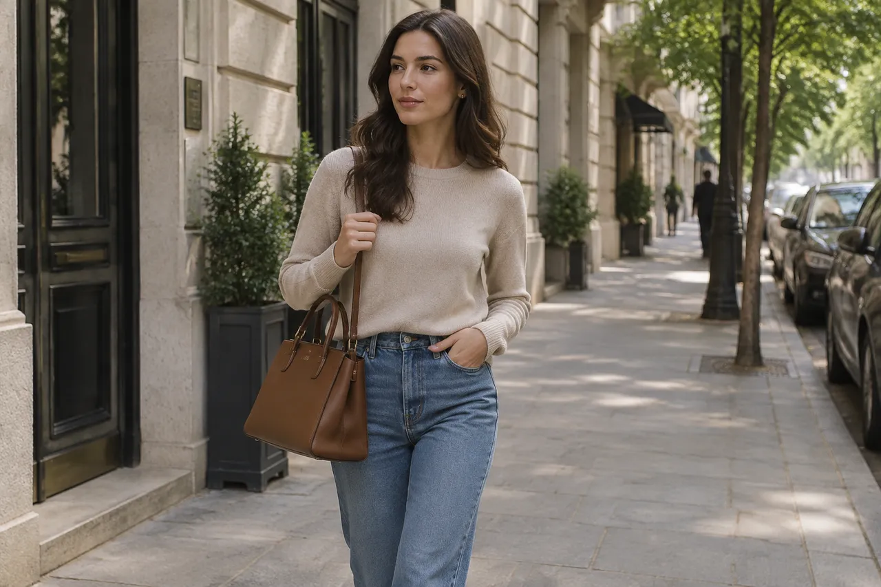 geantă structurată maro în outfit relaxat