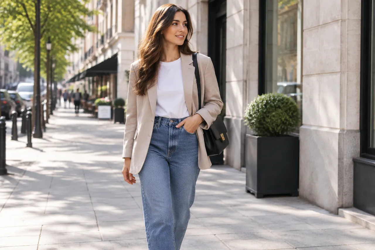 styling cu geantă structurată și haine relaxate