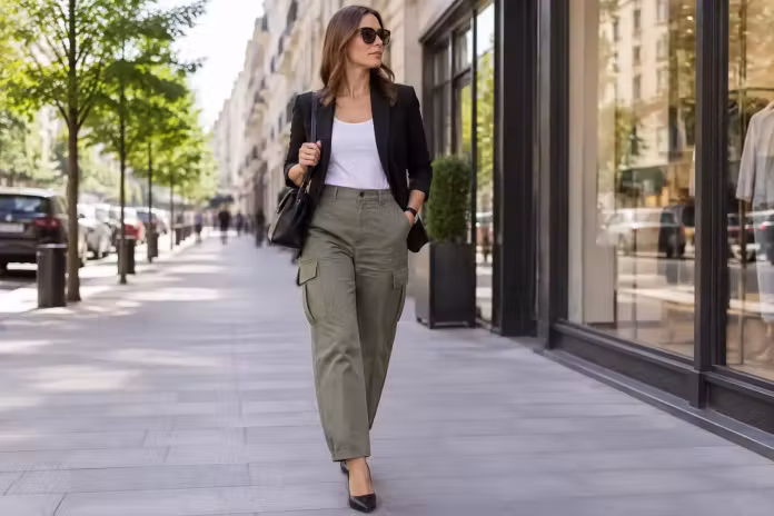 Pantalonii cargo în ținute feminine echilibrate prin proporții și volum